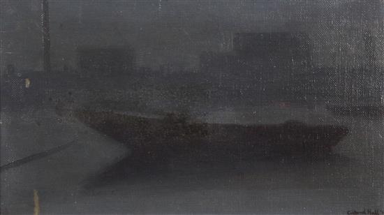 Clifford Hall (1904-1973) Nocturne, barges at night 8 x 14in.